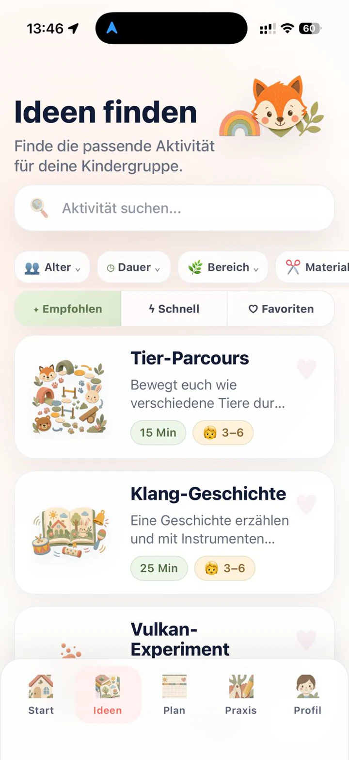 KitaPrep Ideensuche mit Kita-Aktivitäten, Filtern und Favoriten für Erzieherinnen