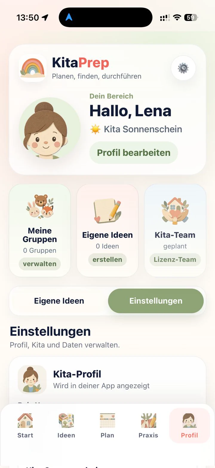 KitaPrep Profilbereich mit Kita-Team, Gruppenverwaltung und Einstellungen