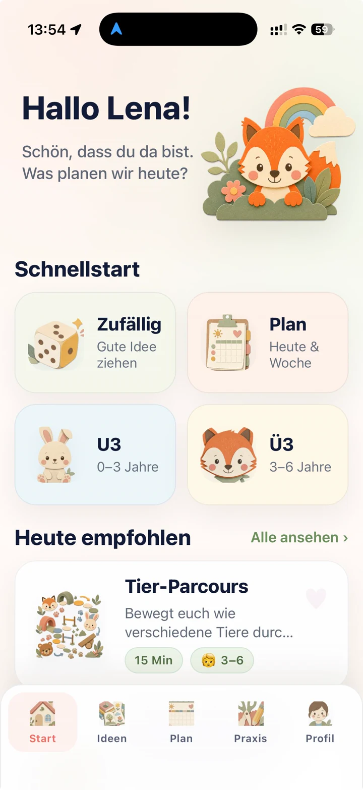 KitaPrep App Startseite mit Schnellstart, Wochenplanung und empfohlenen Kita-Aktivitäten